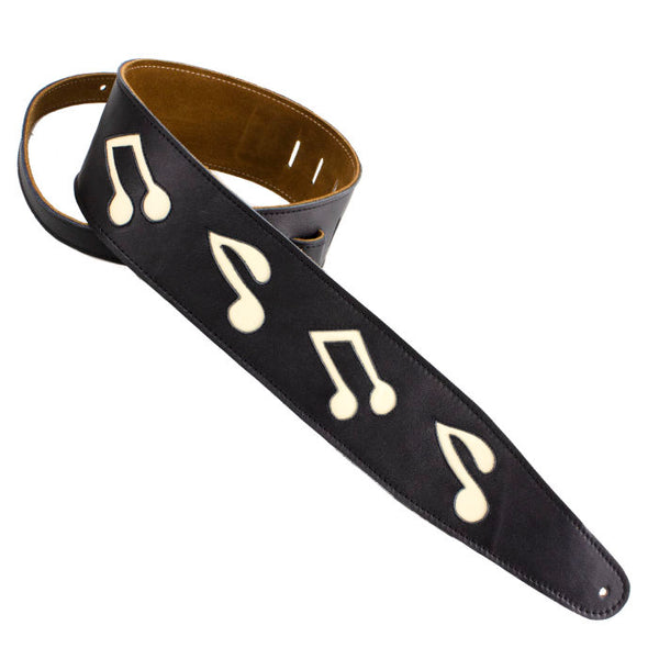 Henry Heller BLACK WITH WHITE MUSIC NOTES - LEATHER SERIES STRAP CUT-OUTS guitar strap
